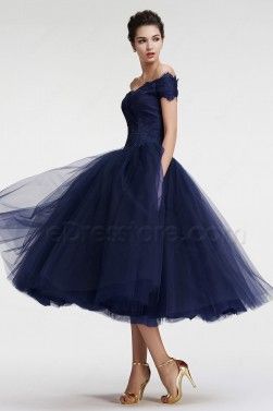 Navy Blue Evening Dress Midi, 1950s Gowns Evening Dresses, Blue Tea Length Wedding Dress, Tea Length Ball Gown, Vintage Prom Dresses With Sleeves, Blue Tea Length Dress, Ball Gowns Vintage, Tea Length Prom Dress, Tea Length Tulle