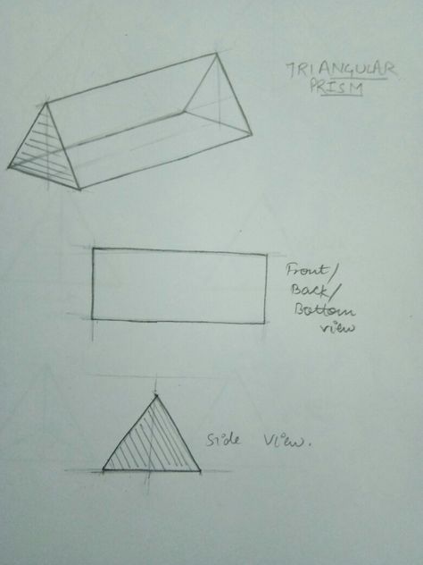 3D, isometric and orthographic views of triangular prism. Triangular Prism Drawing, Orthographic Drawing, Shapes Drawing, Geometric Shapes Drawing, Triangular Prism, 3d Isometric, Isometric Drawing, Geometric Design Art, 3d Drawings