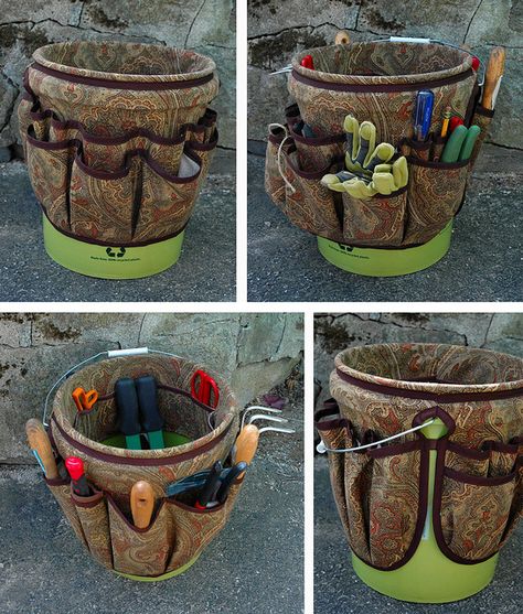 Bucket Apron for Gardening Tools | Flickr - Photo Sharing!Nice design! Gardening Bucket Caddy Diy, Garden Buckets, Hand Cultivator, Repotting Plants, Paint Guide, Screw Drivers, Tool Apron, Kneeling Pad, Tool Tote