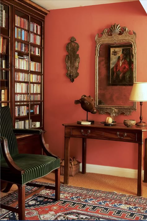 Coral Paint Colors, Another misunderstood Color - Laurel Home Red Study Room, Red House Interior, Coral Paint Colors, Coral Living Rooms, Coral Paint, Red Interior Design, Red Living Room, The Bfg, Red Office