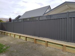 Retaining Wall With Fence On Top, Wall With Fence On Top, Retaining Wall With Fence, Steel Fence, Retaining Wall, Next Step, Fencing, Outdoor Storage Box, First Step