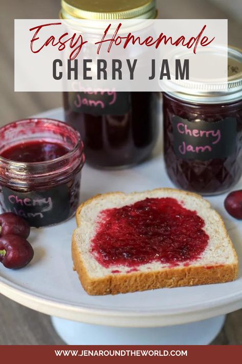 Make this easy homemade cherry jam recipe! Use fresh cherries, a little pectin, and some sugar for the most fantastic jam you will taste this season! With cherries being plentiful right now, this is a great way to use these stone fruits. Cherry Jam Recipe Easy, Homemade Cherry Jam, Cherry Jam Recipe, Sweet Munchies, Fresh Cherry Recipes, Cherry Jelly, Cherry Jam Recipes, Japanese Bread, Cherry Jam