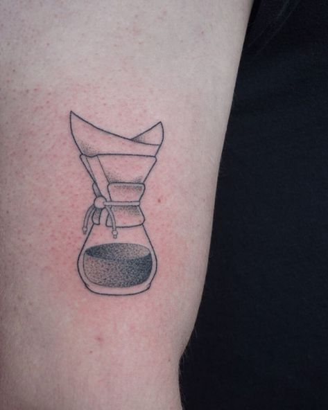 Artist: Evan Lorenzen Pour Over Tattoo, Portafilter Tattoo, Chemex Tattoo, French Press Tattoo, Coffee Lover Tattoo, Coffee Patches, Tattoo Cafe, Chemex Coffee, Coffee Tattoo