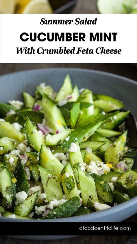 This easy cucumber feta salad with mint strikes the perfect balance between salty and sweet. Crisp cucumbers are hydrating on a hot summer day making this the perfect summer or warmer weather salad. Easy to make with simple ingredients this side salad is great with grilled meats. Cucumber And Mint Salad, Cucumber Mint Salad, Mint Salad Recipes, Cucumber Feta Salad, Salad With Mint, Greek Pasta Salad Recipe, Cucumber Bites, Watermelon Feta Salad, Leafy Green Salads