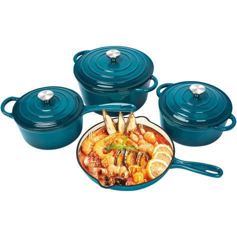 PRICES MAY VARY. 🔥【Cast Iron Cookware Set 】 - The 7-piece cookware set is made of long-lasting cast iron which provides superior heat distribution and retention, so your food cooks evenly. Our pots and pans set not only makes your kitchen look good but is an enameled cast iron classic great for preparing and serving memorable meals. 🔥【What You Get?】- 10.25” Skillet *1, 2QT Saucepan with Lid * 1, 2.8QT Small Dutch Oven with Lid * 1, 4.8QT Large Dutch Oven with Lid *1 🔥【Hard-Coat Enamel 】- Feat Beautiful Cookware, Blue Cookware Set, Divided Cast Iron Cookware, Vintage Cast Iron Cookware, Vintage Divided Cast Iron Cookware, Cast Iron Cookware Set, Enameled Cast Iron Cookware, Serving Ware, 20-piece Signature Cast Iron Cookware Set