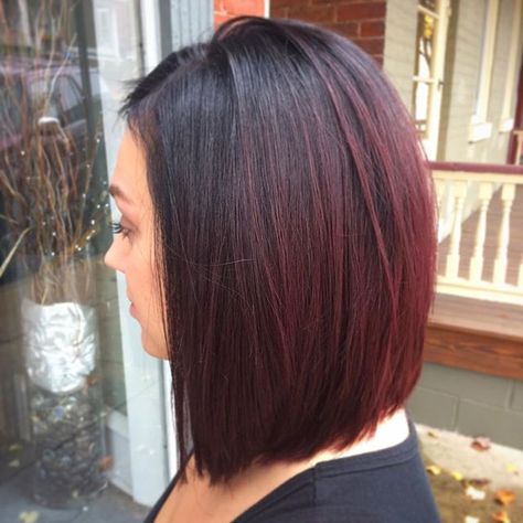 Angled Bob Dark Hair, New Mom Hair, Angled Haircut, Short Purple Hair, Black Cherry Hair, Baby Haircut, Angled Bob Haircuts, Mom Hair, Black Hair Balayage