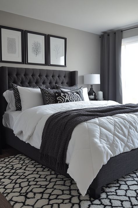 Create a stunning black and grey bedroom aesthetic with these 45 inspiring ideas. Explore charcoal walls, black furniture, and silver accents for a modern look. Discover grey upholstered headboards, black and white photography, and metallic light fixtures for added elegance. Find inspiration for black bedding with grey throw pillows, geometric area rugs, and minimalist artwork to design a sophisticated and dramatic bedroom retreat. Black And Grey Bedroom Decor, Grey Black And White Bedroom, Grey Bedroom Aesthetic, Black And Grey Bedroom Ideas, Grey Patterned Curtains, Grey Bedrooms, Bedrooms Aesthetic, Geometric Area Rugs, Black And Grey Bedroom