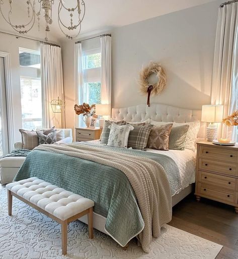 Sea Foam Bedding Master Bedrooms, Master Bedrooms Eucalyptus, Calming Master Suite, Light Green Comforter Bedroom, Sea Foam Bedroom Ideas, Pastel Master Bedrooms Decor, Pastel Adult Bedroom, Sage Green Master Bed, Sage Guest Bedroom