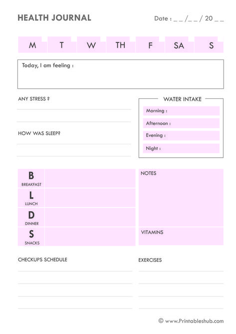 Let's talk health! Let's start with a health journal. How about that? Download your free printable health and diet journal pdf from Printableshub. This printable is a simple layout template of a health journal. The design is as such to make it easy to keep a track of your health on daily basis #healthjournal #dailyhealthjournal #printablehealthjournal #printabledietjournal #healthprintables #healthjournalideas #healthjournaltracker #healthjournaltemplates #fooddiary #printablehealthtracker Daily Journal Layout Free Printables, Health Journal Templates, Busy Mom Planner, Ipad Template, Food Journal Template, Agenda Design, Health Diary, Journal Format, Diet Journal