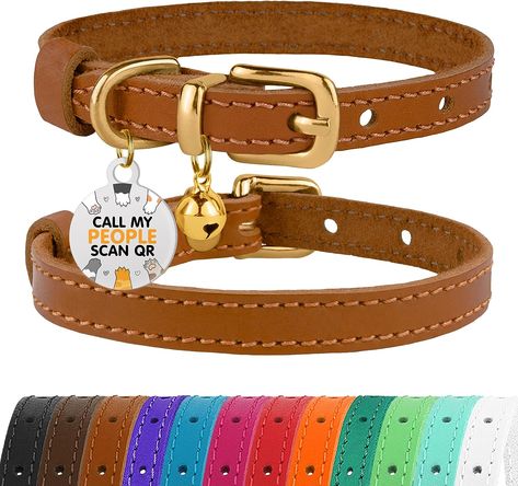 BRONZEDOG Leather Cat Collar with Bell Non Breakaway Kitten QR Tag for Girl Boy (7" - 9" for Cats, Light Brown & Gold) Kitten Black, Collar For Cats, Collar With Bell, Small Dog Collar, Cats Black, Mini Dogs, Red Turquoise, Small Pet, Cat Collar