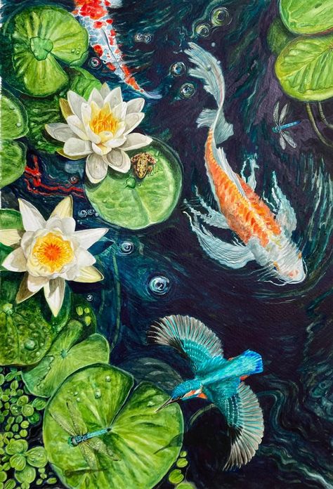 Koi Pond Art, Painting Ideas 2023, Exotic Paintings, Koi Fish Art, Beautiful Acrylic Painting, Koi Fish Painting, Easy Acrylic Painting Ideas, Koi Painting, Salt Painting