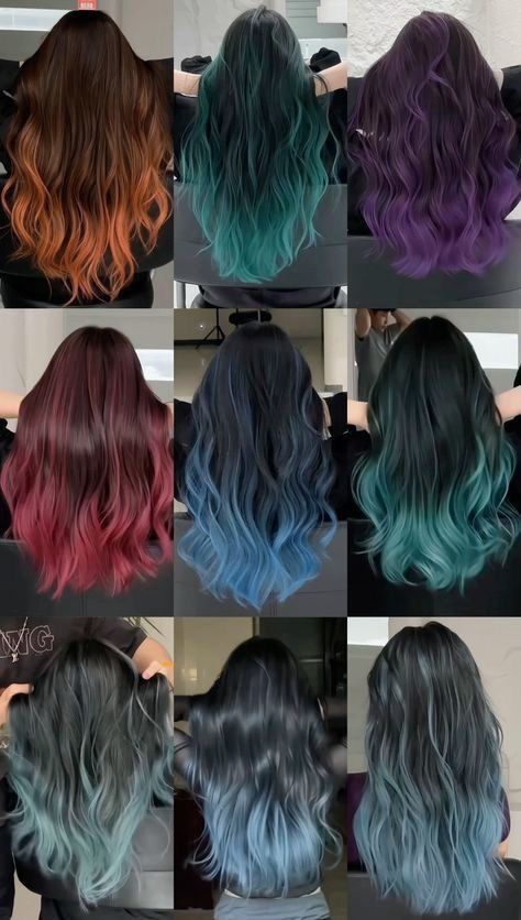 Hair Colour Ideas Ombre, Hair Colour Styles Highlights, Dyed Hair Tips Blonde, Long Hair Colors Ideas, Tie And Dye Hair, Color Dyed Hair Ideas For Brunettes, Aesthetic Hair Colour Ideas, Unique Hair Dye Patterns, Colored Balayage Hair