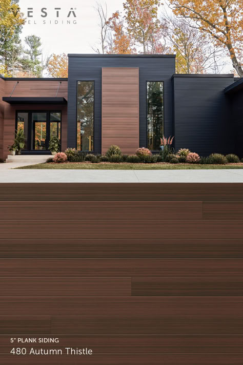 Image of Quality Edge Vesta Autumn Thistle 5" plank siding profile on a home. Light Color Siding Exterior, Exterior Wood Slat Wall, Modern Exterior Siding Ideas, Modern Siding Ideas Exterior, Black And Wood House Exterior, Pergola Details, House Siding Ideas Exterior, Siding Ideas Exterior, Modern House Siding