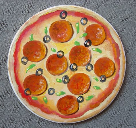 Things To Paint On A Round Canvas, Pizza Painting Easy, Round Paintings Canvases, Circle Painting Ideas Easy, Pizza Painting, Circle Canvas Painting, Circle Paintings, Round Canvas Painting, Circular Canvas Painting