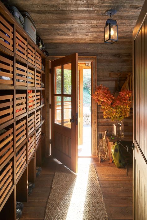 1950s Cabin, Cabin Mud Room, Wall Shelving Systems, Interior Farmhouse, Cabin Remodel, Cabin Renovation, Old Cabins, Little Cabin In The Woods, Mudroom Organization