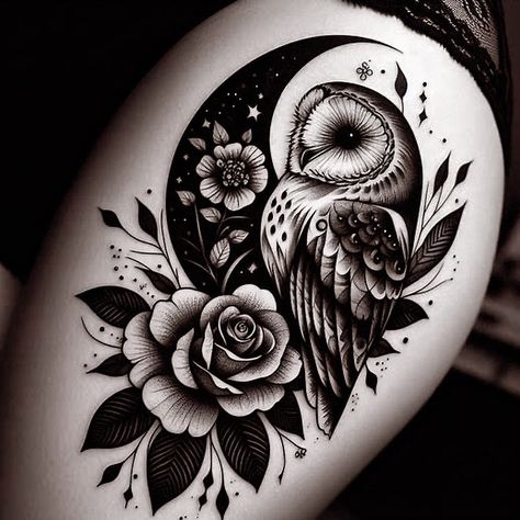 Cover Ups For Black Tattoos, Owl Tattoo For Women Sleeve Forearm, Owl Thigh Tattoo Women, Black And White Owl Tattoo, Cover Up Tattoos Leg, Owl Cover Up Tattoo, Owl Shoulder Tattoo, Owl And Flower Tattoo, Owl Tattoo For Women Unique