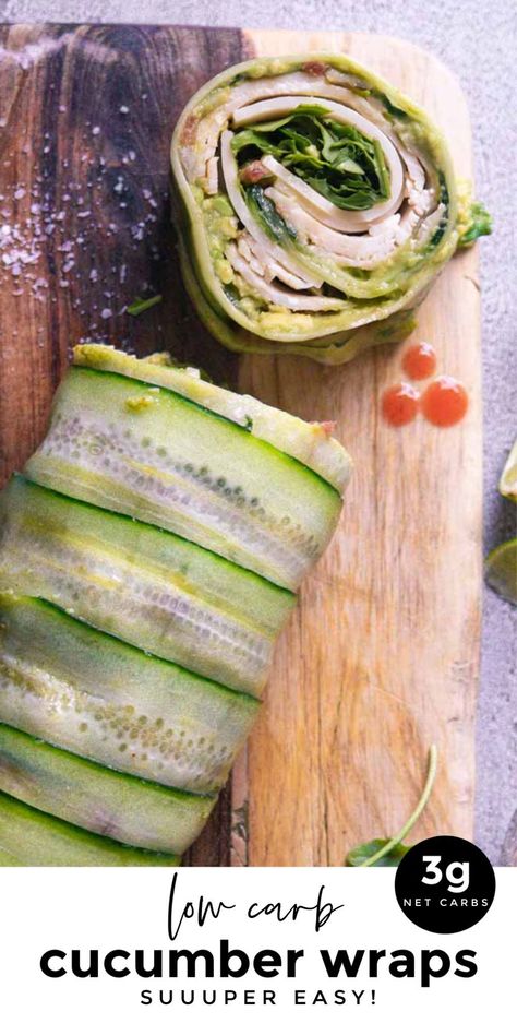 *NEW* These cucumber wraps make for the perfect low carb and paleo lunch or snack! Add your favorite wrap ingredients and roll away! #cucumberwraps #lowcarbwraps #ketowraps #keto #lowcarb Low Carb Cucumber Sandwiches, 2b Snack Ideas, Keto Cucumber Sandwiches, Keto Cucumber Snacks, Noon Recipes, Cucumber Wraps, Wrap Ingredients, Low Carb Sushi, Cucumber Snacks