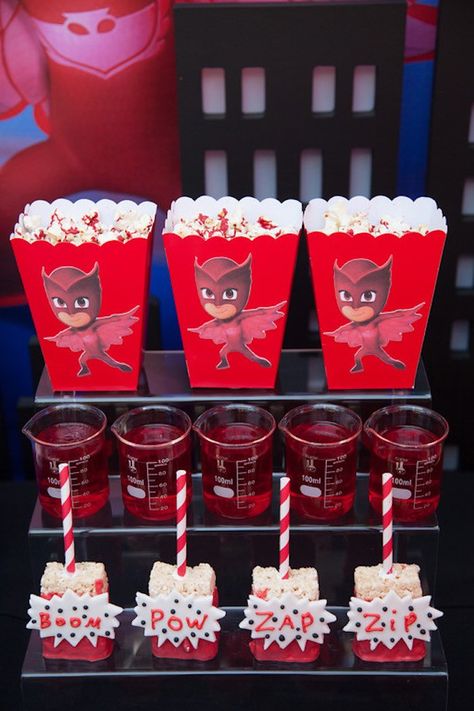 Party details from a PJ Masks Superhero Birthday Party via Kara's Party Ideas | KarasPartyIdeas.com (10) Owlette Birthday Party, Pj Masks Party, Pj Masks Birthday Party, Pj Mask Party, Pj Masks Birthday, Superhero Birthday Party, Birthday Party Food, Party Details, Superhero Birthday