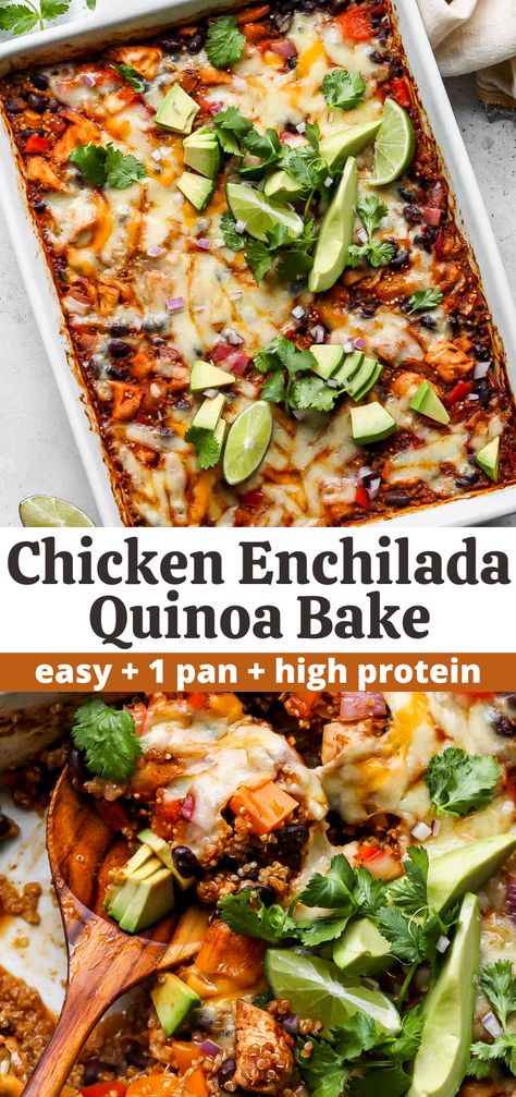 High Protein Enchilada Casserole, High Protein Gluten Free Dinner, High Protein Mexican Recipes, Chicken Enchilada Quinoa, Chicken Quinoa Recipes, Quinoa Enchilada Bake, Enchiladas Easy, Healthy Chicken Enchiladas, Dinner Gluten Free