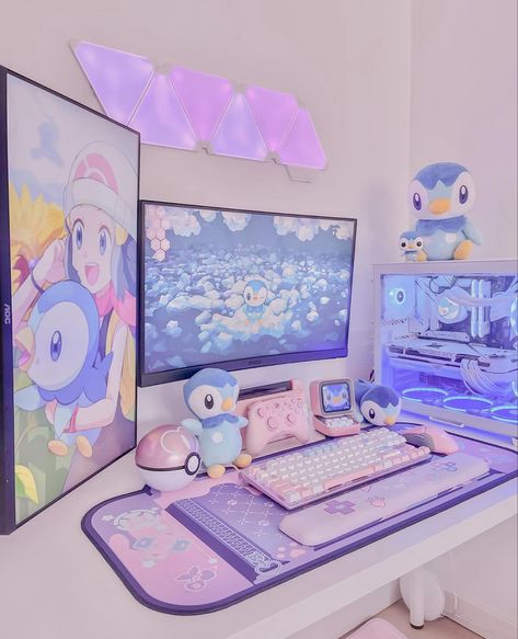 #gaming #gaminglife #gamingcommunity #gamingsetups #gamergirlsetup #pink #pinkaesthetictheme #pinkcore #pinkpinkpink #nintendo #nintendoswitch #pcgaming #pcgamer #pcsetup #pcgamingsetup #pcsetupidea #pokemon Nintendo Desk Setup, Blue And Pink Gaming Setup, Pink And Blue Setup, Pokemon Pc Setup, Pokemon Gaming Room, Kawaii Setup Gaming, Pastel Office Aesthetic, Pokemon Gaming Setup, Pastel Gaming Room