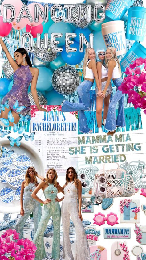 Dancing Queen Bachelorette Theme, Mamma Mia Themed Bachelorette Party Outfits, Bachelorette Party Themes Mamma Mia, Mamma Mia Bridal Shower Outfit, Abba Theme Hen Party, Bachelorette Party Ideas Mama Mia, Dancing Queen Outfits Party, Bachelorette Party Themes Mama Mia, Greek Theme Bachelorette Party