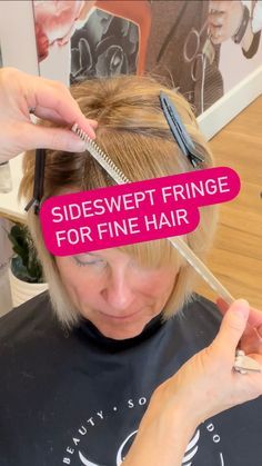 Sonna Jean Brado | What do you do if your client has fine hair and wants a full fringe? PIVOT!😂👍(I couldn’t resist) But seriously, pivoting your sections… | Instagram How To Style Fine Straight Hair, Cut Bangs Tutorial, How To Cut Fringe, Fringe Bob Haircut, Choppy Fringe, Hair For Work, Fine Hair Bangs, Bobbed Hairstyles With Fringe, Choppy Pixie