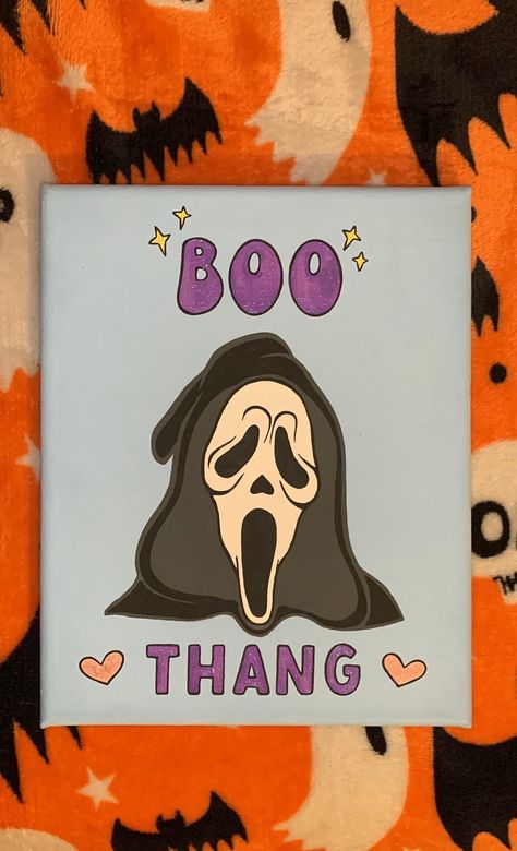 Hand Painted Customizable Ghostface "Boo Thang" Canvas Really Simple Painting Ideas, Canvas Paint Night Ideas, Canvas Painting Inspo Easy Aesthetic, Cute Canvas Painting Ideas For Couples, Cartoon Network Paintings Canvas, Preppy Halloween Painting, Halloween Painting For Boyfriend, Small Halloween Painting Ideas, Halloween Couple Paintings