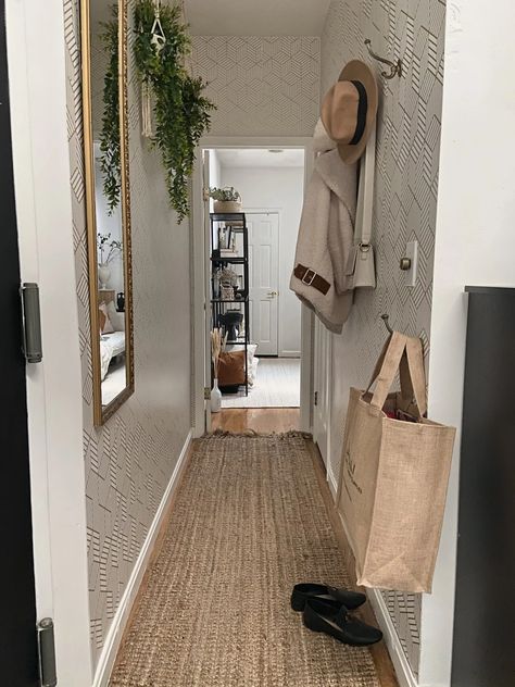 Before/After: How to Decorate a Narrow Entryway or Hallway - City Chic Decor Apartment Hallway Decor Narrow, Gallery Wall Hallway Narrow, Small Narrow Hallway, Narrow Stairwell, Long Narrow Entryway, Narrow Hallway Design, Narrow Entry Hallway, Narrow Hallway Wall Decor, How To Decorate A Hallway