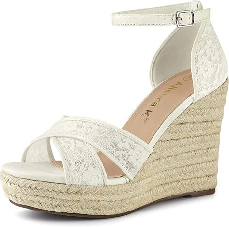 Lace Espadrilles, White Wedge Sandals, Womens Espadrilles Wedges, Lace Wedges, White Sandals Heels, White Wedges, Women's Espadrilles, Sandals White, Ankle Strap Wedges