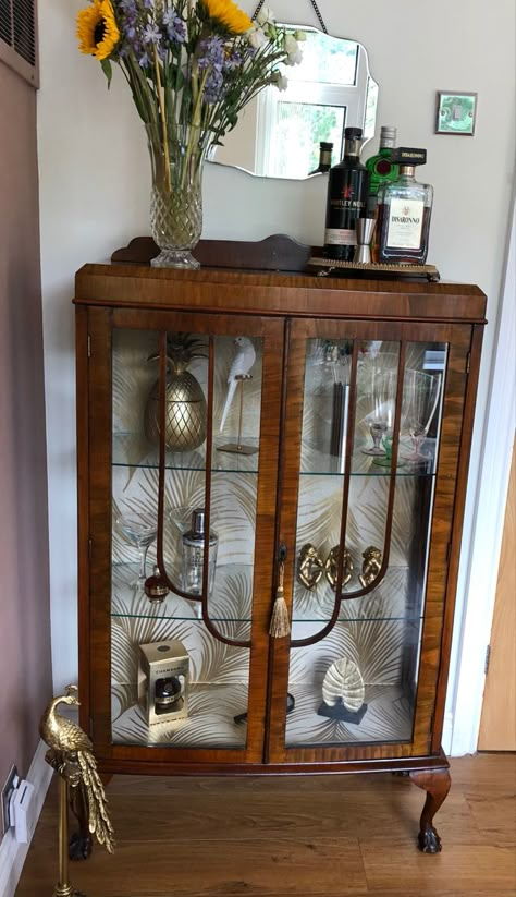 Vintage Cocktail Cabinet, Art Deco China Cabinet, Edwardian Cabinet, Vintage Glass Cabinet, Tea Room Decor, Pink Cabinets, Crystal Cabinet, Revamp Furniture, Red Furniture