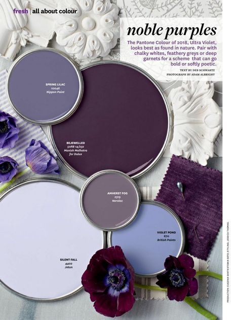 Noble Purples Paint Color Palette. The Pantone Colour of 2018, Ultra Violet, looks best as found in nature. Pair with chalky whites, feathery greys or deep garnets for a scheme that can go bold or softly poetic. Paint Colors Used: Nippon Paint Spring Lilac Manish Malhotra for Dulux Bejewelled Nerolac Amherst Fog British Paints Violet… British Paints, Purple Paint Colors, Nippon Paint, Paint Color Palettes, Purple Paint, Manish Malhotra, Colors For Home, Interior Paint Colors, Colors Purple