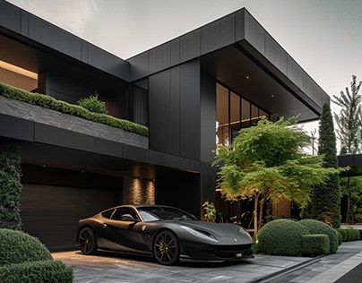 Black Modern Mansion Black Modern Mansion, Black Modern House, Minimal Houses, Mini Mansion, Black Houses, House Outer Design, Futuristic Home, Modern Bungalow House, Architectural Design House Plans