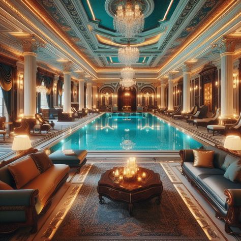 Versace Mansion Aesthetic, Aesthetic Big Mansion, Mansion Indoor Pool, Mansion Swimming Pool Luxury, Fantasy Royal Bathroom, Manor House Interior, Miami Mansion, Indoor Pool Design, Mansion Designs