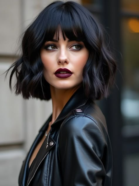 Black Brown Short Hair, Black Bob With Curtain Bangs, Brunette Bangs Short Hair, Short Hairstyle Brunette, Bob 2025 Hair, Shaggy Bob Fine Hair, Short Hair With Curtain Bangs Hairstyle, Italian Bob Haircut 2025, Black Bob With Fringe