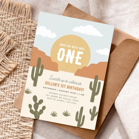 How the West Was One Cowboy Birthday Invitation West Was One Birthday, How The West Was One Birthday, Cowboy Party Invitations, Wild West Birthday Party, Birthday Desert, Cowboy Invitations Birthday, Wild West Birthday, Birthday Party Boy, Cactus Western