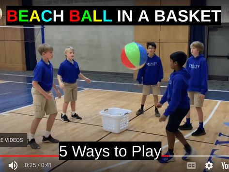 BEACH BALL IN A BASKET – 5 WAYS TO PLAY – Game of the Week – Keeping Kids in Motion Sports And Recreation Games, Beachball Games, Games To Play In The Gym, Beach Team Building Activities, Cooperative Pe Games Elementary, P E Games Elementary, Indoor Pe Games Elementary, Beach Ball Games For Kids, Cooperative Games For Kids