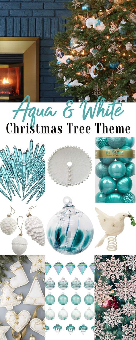 Winter wonderland Christmas tree ornaments: cream felt ornaments, sparkly snowflake ornaments, teal Christmas tree ornaments, white felt tree skirt, white felt tree topper, and icy blue icicle ornaments. Turquoise Christmas Ornaments, Aqua Christmas Tree Decor, White And Teal Christmas Tree, Christmas Tree Themes Colors Blue, Teal Christmas Decor, Christmas Tree Themes Colors, Aqua Christmas Tree, Cabin Christmas Tree, White Christmas Tree Ornaments