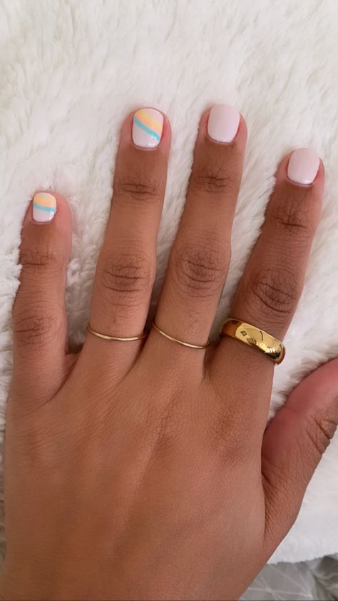 Spring Rainbow Nails, Super Short Gel Nails Spring, Short Nails Rainbow, Spring Nails Short Round, Muted Rainbow Nails, Neutral Rainbow Nails, Short Nails Spring, Gel Mani Short Nails Spring, Spring Manicure Short Nails