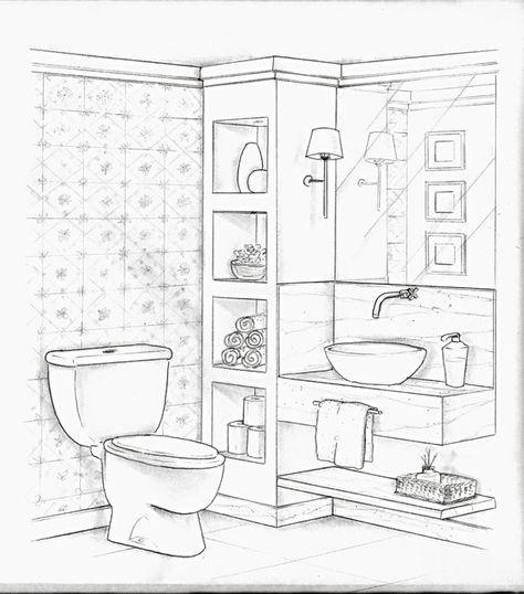 Design Interior Baie, Interior Design Sketchbook, Drawing Furniture, Furniture Design Sketches, Perspective Drawing Architecture, Ideas For Bathroom, Interior Architecture Drawing, Drawing Interior, Interior Design Drawings