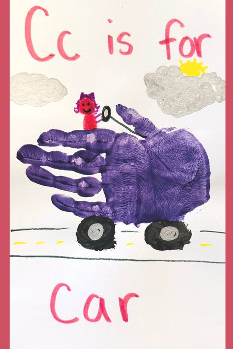 C is for Car! This handprint and footprint alphabet was so fun and easy to make! It's perfect for preschool, pre-k, or kindergarten kiddos! You can even make it into a book. It's such a cute keepsake for parents, and children can continue to look at it and practice their ABCs! Car Handprint Craft, Handprint Truck Art, C Handprint Craft, C Preschool Crafts, Letter A Art For Toddlers Craft Ideas, Letter C Handprint Craft, Car Handprint, Footprint Alphabet, C Is For Car