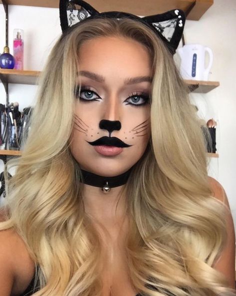 Cat Make Up For Halloween, Easy Cat Makeup Halloween, Simple Halloween Makeup Looks For Work, Cat Costumes Women, Nem Halloween Makeup, Cat Makeup Look, Simple Cat Makeup, Pelottava Halloween, Cat Halloween Makeup