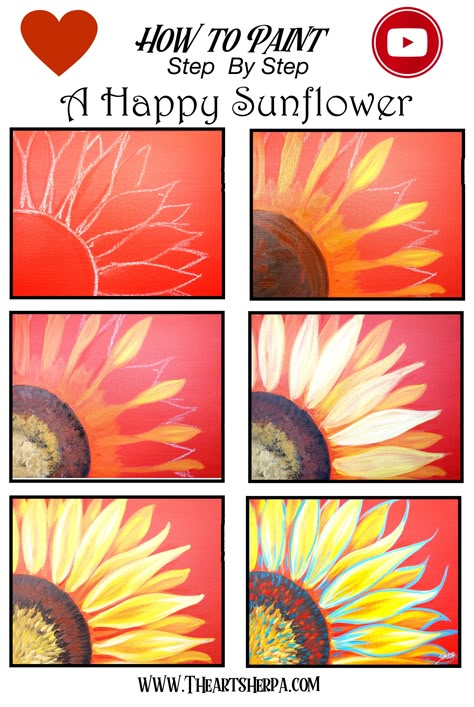 How to Paint a Sunflower step by step in Acrylic on Canvas by The Art Sherpa!! Are YOU ready to Enjoy this Beginners step by step learn how to paint in this full acrylic art lesson! Check out our Free Acrylic painting Class Video. You CAN paint this! Image is property of The Art Sherpa and intended for the Students Personal education and Enjoyment. For questions regarding using any Art Sherpa painting in a commercial setting Contact labs@theartsherpa.com Outdoor Acrylic Painting Ideas, How To Paint Ideas On Canvas, Paint Over Canvas Painting Ideas, Step By Step Sunflower Painting, How To Paint Flowers Easy Step By Step, How To Paint Pictures, Fall Canvas Painting Ideas Easy Diy Step By Step, Paint And Sip Ideas Step By Step Fall, Learn How To Paint On Canvas