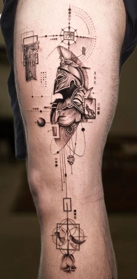 Roman Soldier Tattoo Design, Fine Line Leg Tattoo Men, Greek Mythology Statue Tattoo, Greek Tattoos Leg Sleeve, Simple Greek Tattoos For Men, Greek Fineline Tattoo, Greek Shoulder Tattoo, Men’s Concept Tattoo, Sun Tzu Tattoo