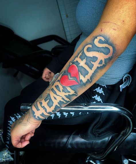 Fearless Forearm Tattoo, Bubble Letter Tattoos On Arm, Foe Tattoos Men, No Love Tattoo Men, Show No Love Tattoo, Loyalty Over Love Tattoo, Hood Tattoo Designs, Family Over Everything Tattoo, Crip Tattoos