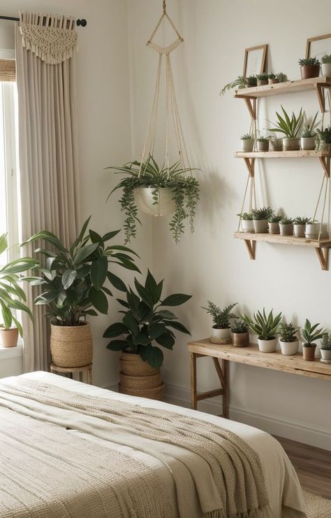 Cozy Home Library Reading Space, Comfy Bedroom Decor, Plant Bedroom Aesthetic, Plant Bedroom, Hanging Spider, Cozy Home Library, Tranquil Bedroom, Comfy Bedroom, Spider Plant