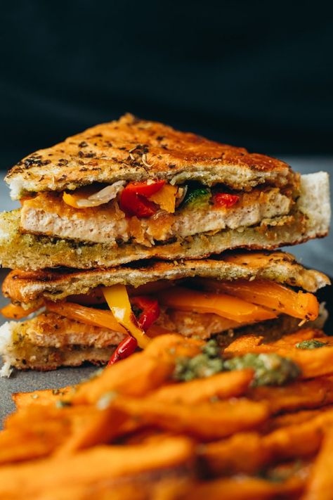 Protein Pesto, Pesto Tofu, Buffalo Chicken Grilled Cheese, Veggie Sandwiches, Tofu Sandwich, Pan Fried Tofu, Pesto Sandwich, Veggie Sandwich, Crispy Tofu