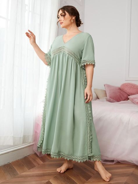 SHEIN Plus V Neck Contrast Guipure Lace Nightdress for Sale Australia| New Collection Online| SHEIN Australia Feminine Loungewear, Night Dress Online, Lace Night Dress, Plus Size Nightgowns, Night Wear Dress, Baby Clothes Size Chart, Baby Clothes Sizes, Beautiful Dress Designs, Simple Pakistani Dresses