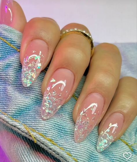 Glitter Ombré Almond Nails, Sparkle Flake Nails, Iridescent Flakes Nails, Clear Holographic Nails, Glass Glitter Nails, Glitter Flakes Nails, Aurora Flakes Nails, Holographic Foil Nails, Opal Almond Nails