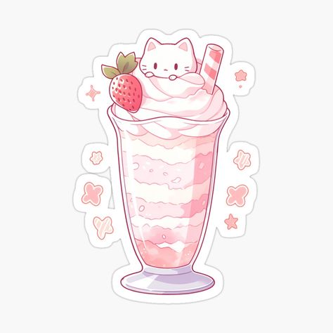 Cute Kawaii Pink Milkshake with a Cat by CozyKawaiiArt | Redbubble Kawaii Milkshake, Pink Milkshake, Pink Drawing, Cute Moments, Images Kawaii, Stickers Aesthetic, Kawaii Illustration, Cute App, Cute Food Drawings