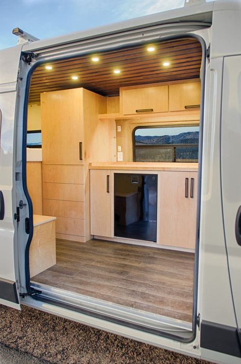 Mike's 159" Promaster Slatted Ceiling, Van Life Interior, Van Layout, Mercedes Sprinter Camper Van, Kombi Motorhome, Camping Diy, Sprinter Van Conversion, Kombi Home, Van Conversion Interior